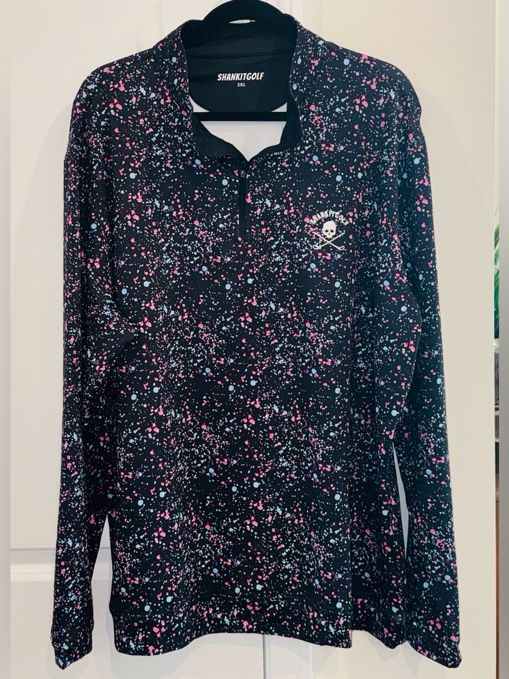 Men’s SHANKitGOLF! Black Paint Splatter Long Sleeve Quarter Zip 2XL Golf! Skull